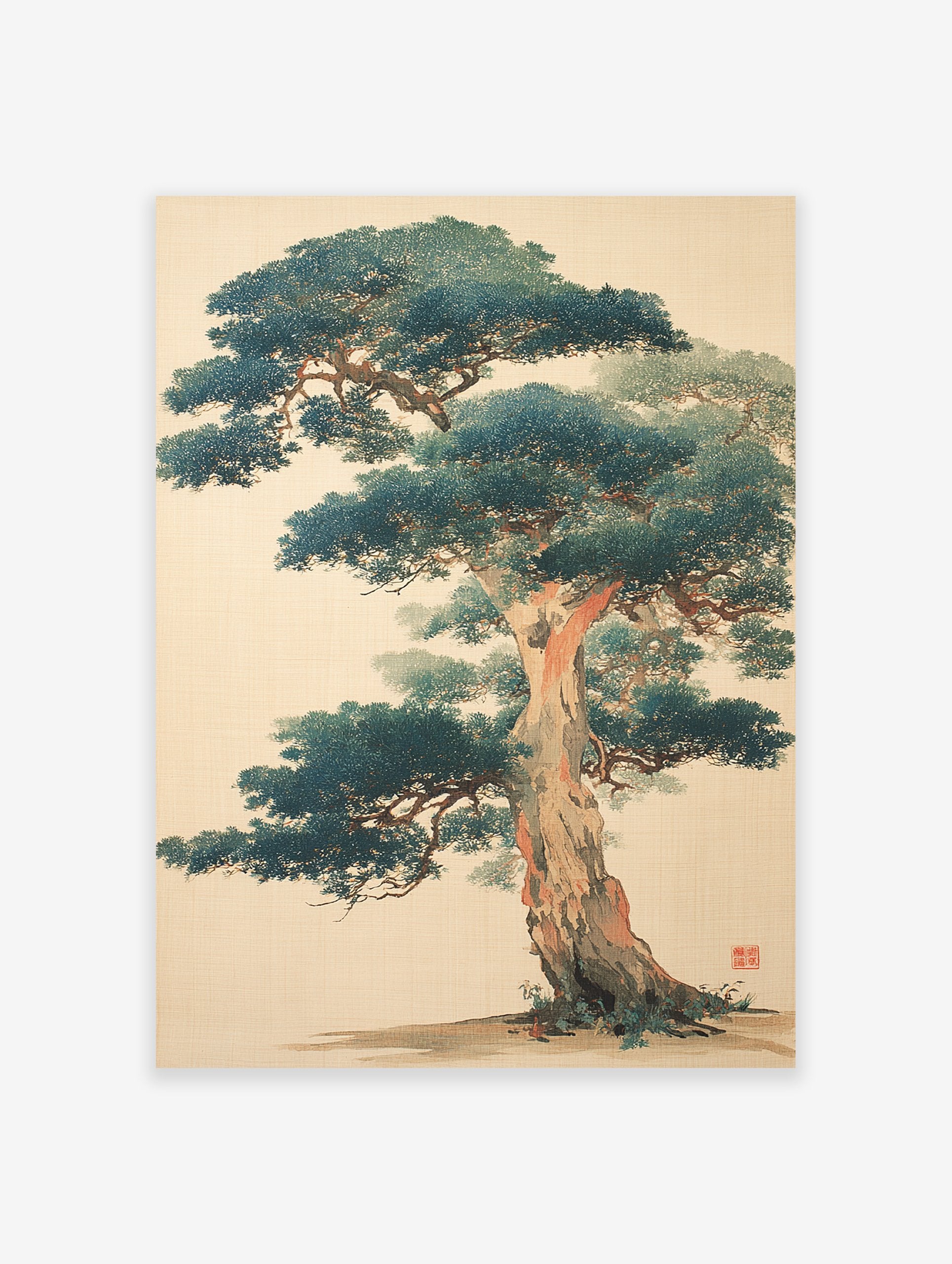 Traditional Japanese pine tree wall art print featuring a majestic tree with deep green foliage and a textured brown trunk.