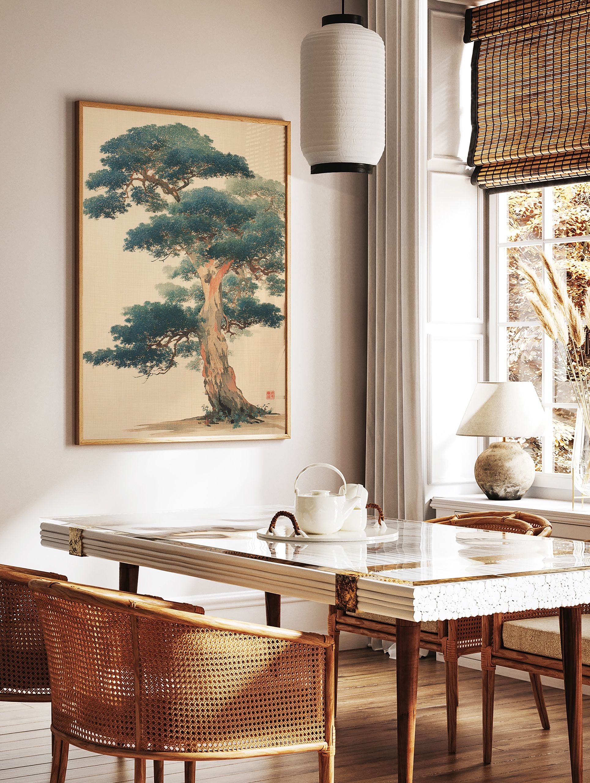 Traditional Japanese pine tree wall art print featuring a majestic tree with deep green foliage and a textured brown trunk. - Image 2