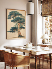 Traditional Japanese pine tree wall art print featuring a majestic tree with deep green foliage and a textured brown trunk. - Image 2