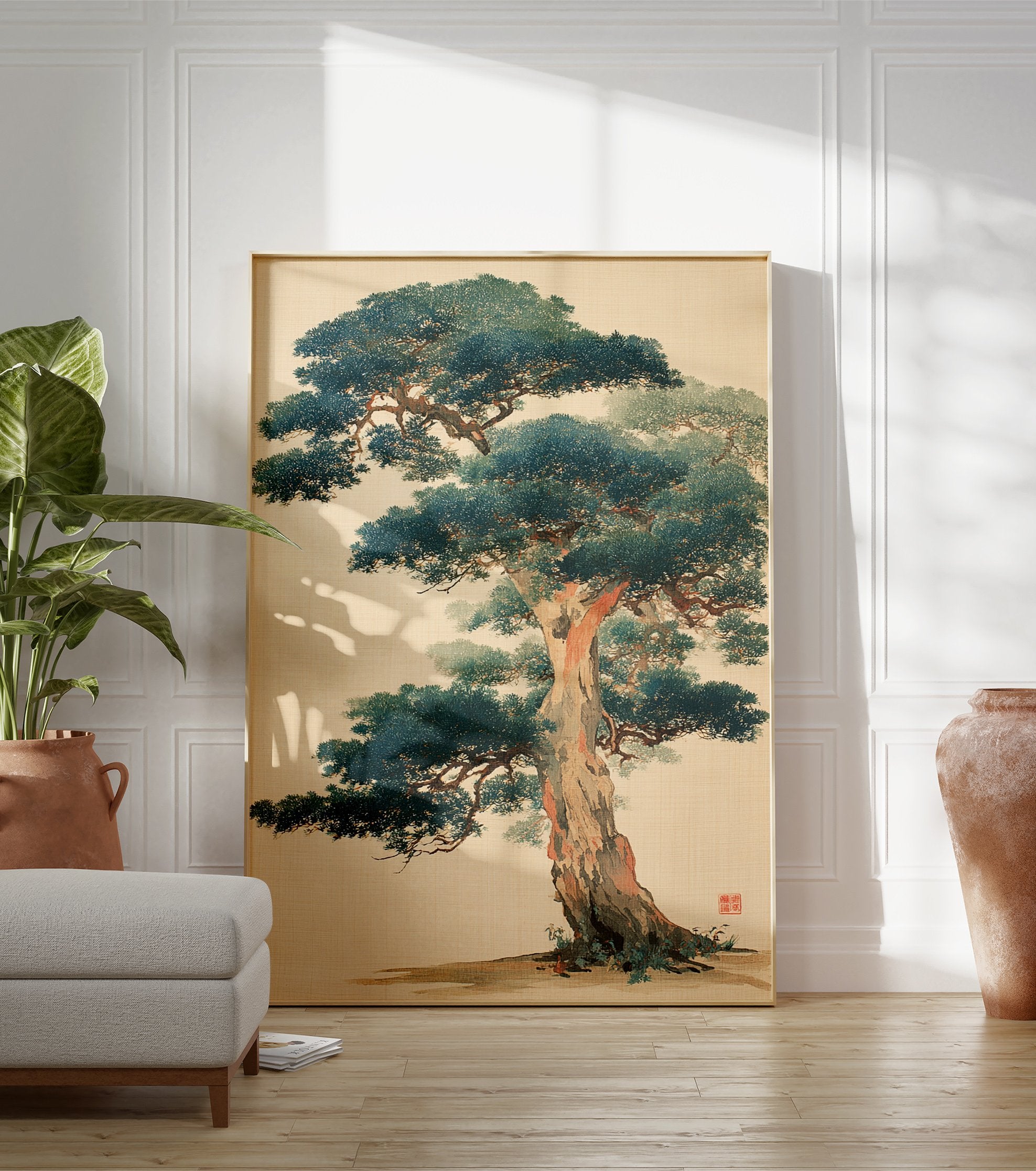 Traditional Japanese pine tree wall art print featuring a majestic tree with deep green foliage and a textured brown trunk. - Image 3