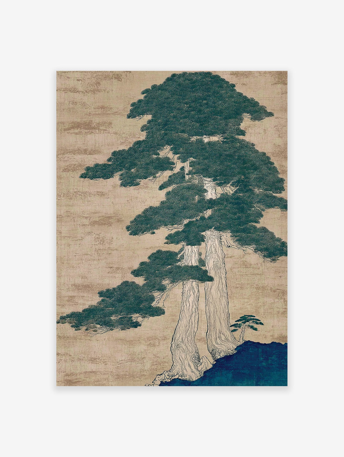 Traditional Japanese pine tree illustration wall art with dark green foliage and light brown trunks on a textured beige background.
