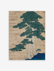 Traditional Japanese pine tree illustration wall art with dark green foliage and light brown trunks on a textured beige background.