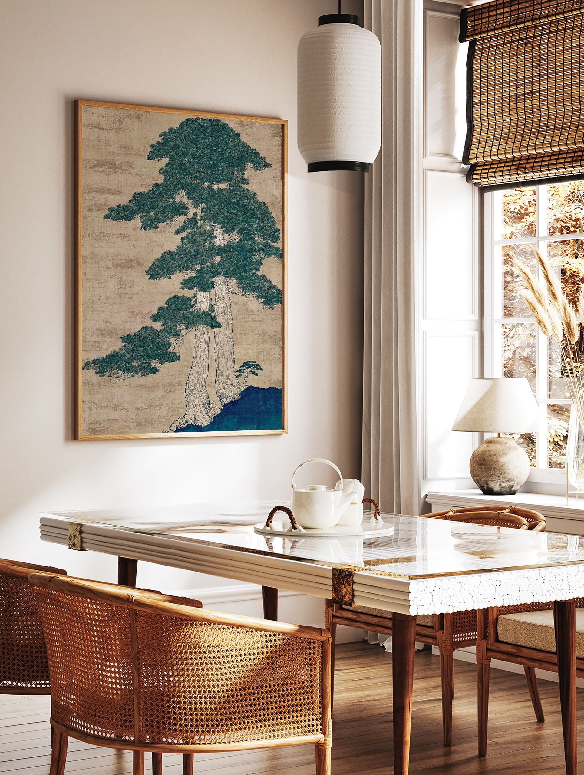 Traditional Japanese pine tree illustration wall art with dark green foliage and light brown trunks on a textured beige background. - Image 2