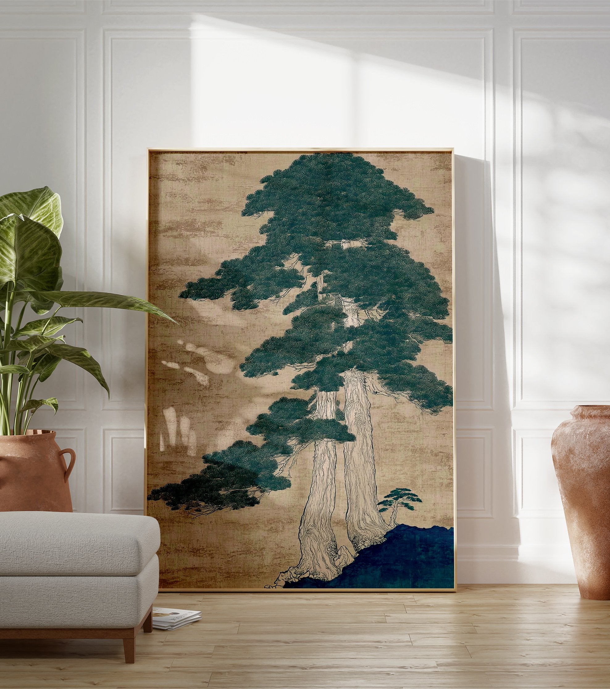 Traditional Japanese pine tree illustration wall art with dark green foliage and light brown trunks on a textured beige background. - Image 3
