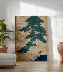 Traditional Japanese pine tree illustration wall art with dark green foliage and light brown trunks on a textured beige background. - Image 3
