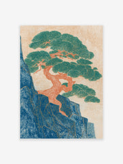 Japanese pine tree wall art illustration with green foliage, orange trunk on blue rock face against a light orange background.