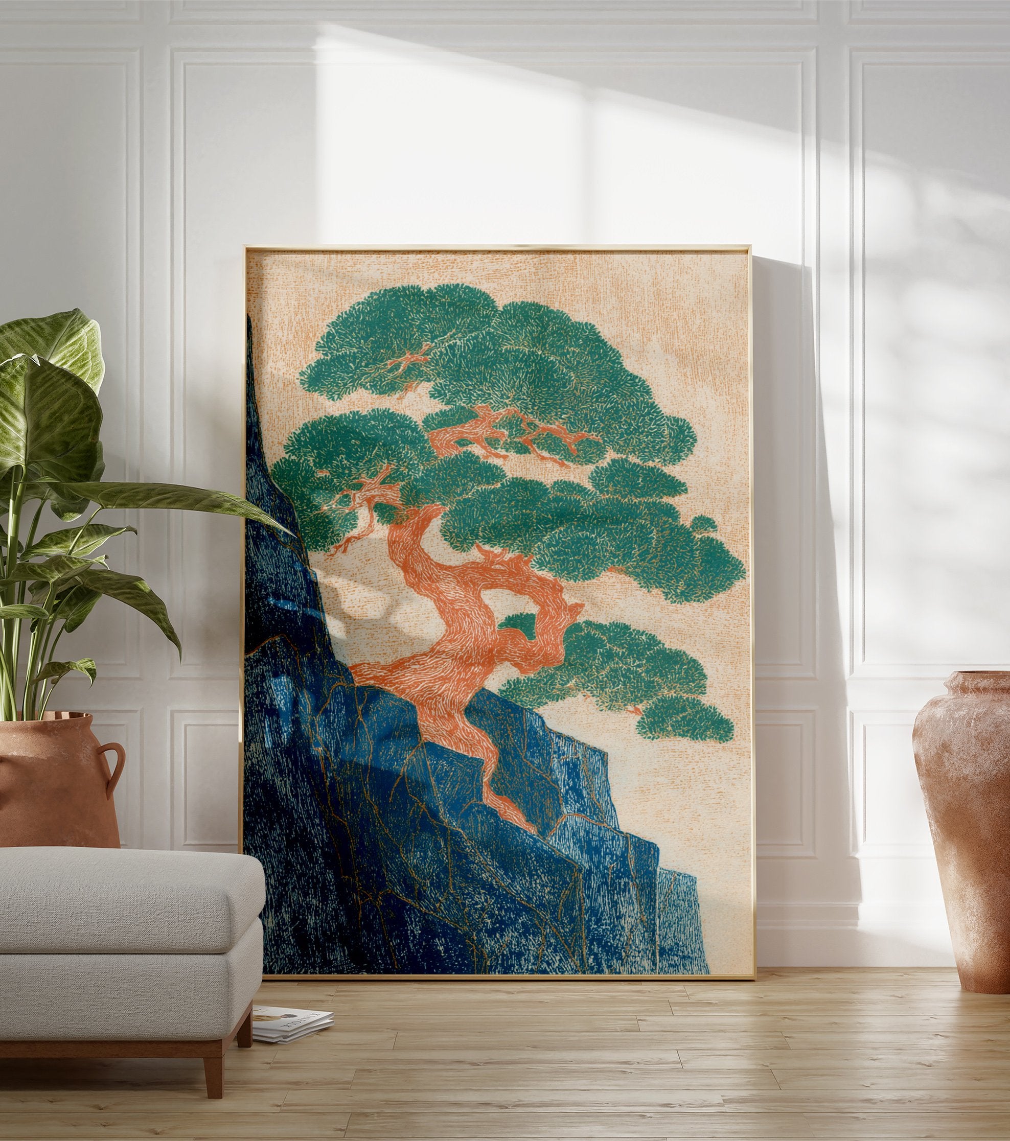 Japanese pine tree wall art illustration with green foliage, orange trunk on blue rock face against a light orange background. - Image 3