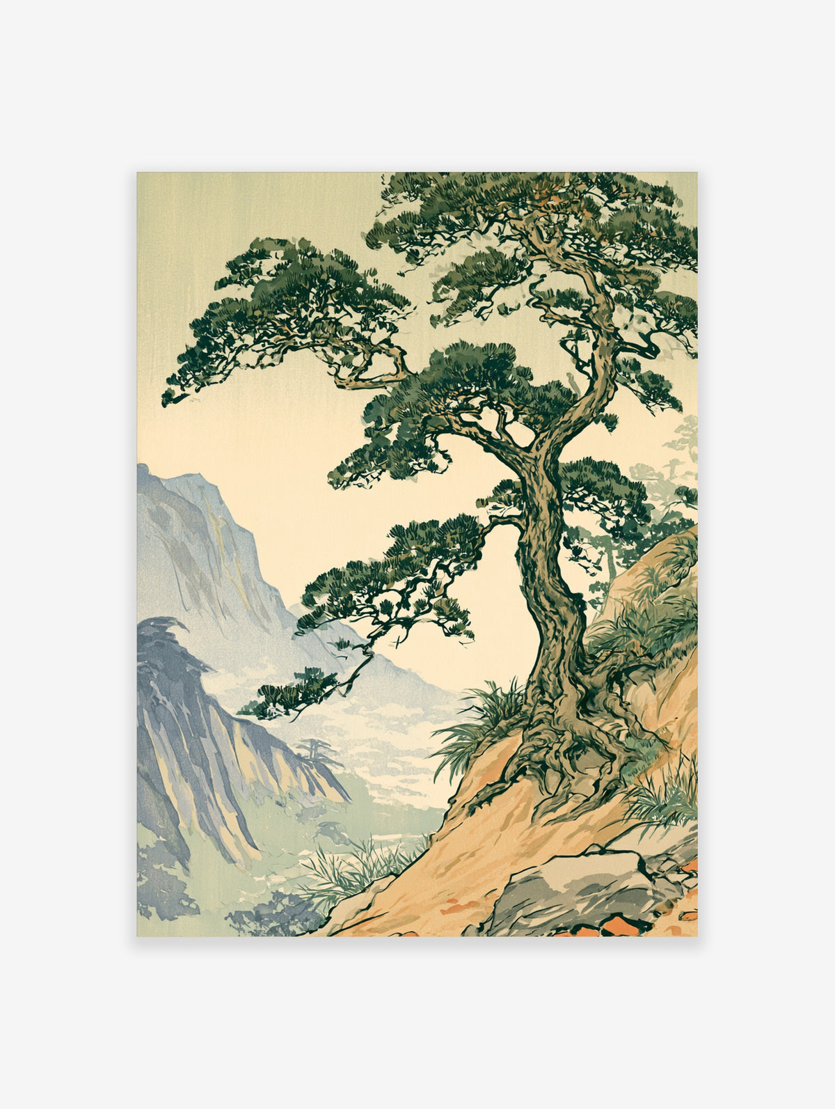 Japanese pine tree on rocky cliff with misty mountains, ukiyo-e style art print