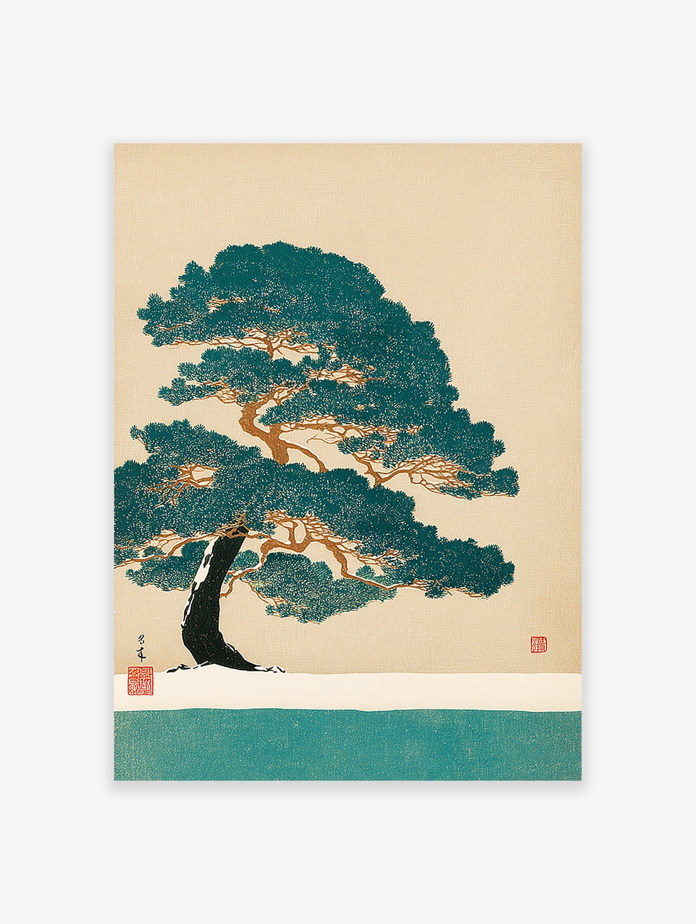 Japanese pine tree in Ukiyo-e style art print featuring a winter landscape with snow and a teal body of water.