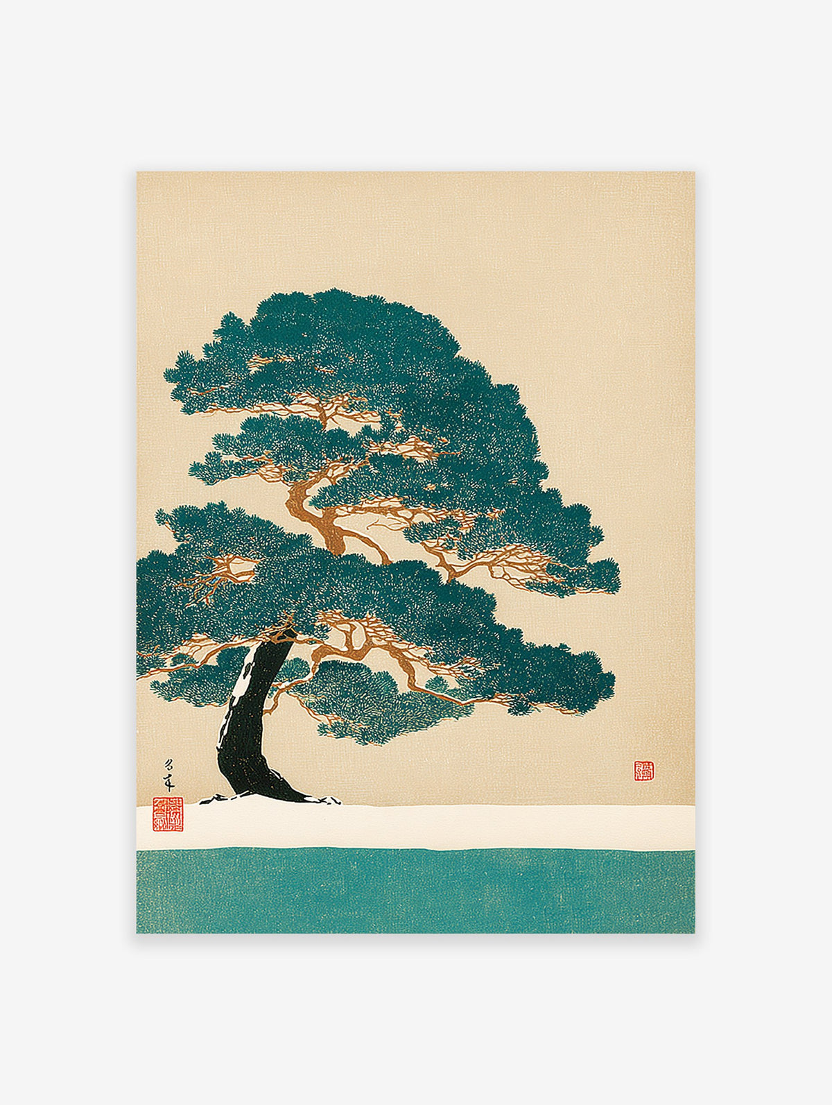 Japanese pine tree in Ukiyo-e style art print featuring a winter landscape with snow and a teal body of water.