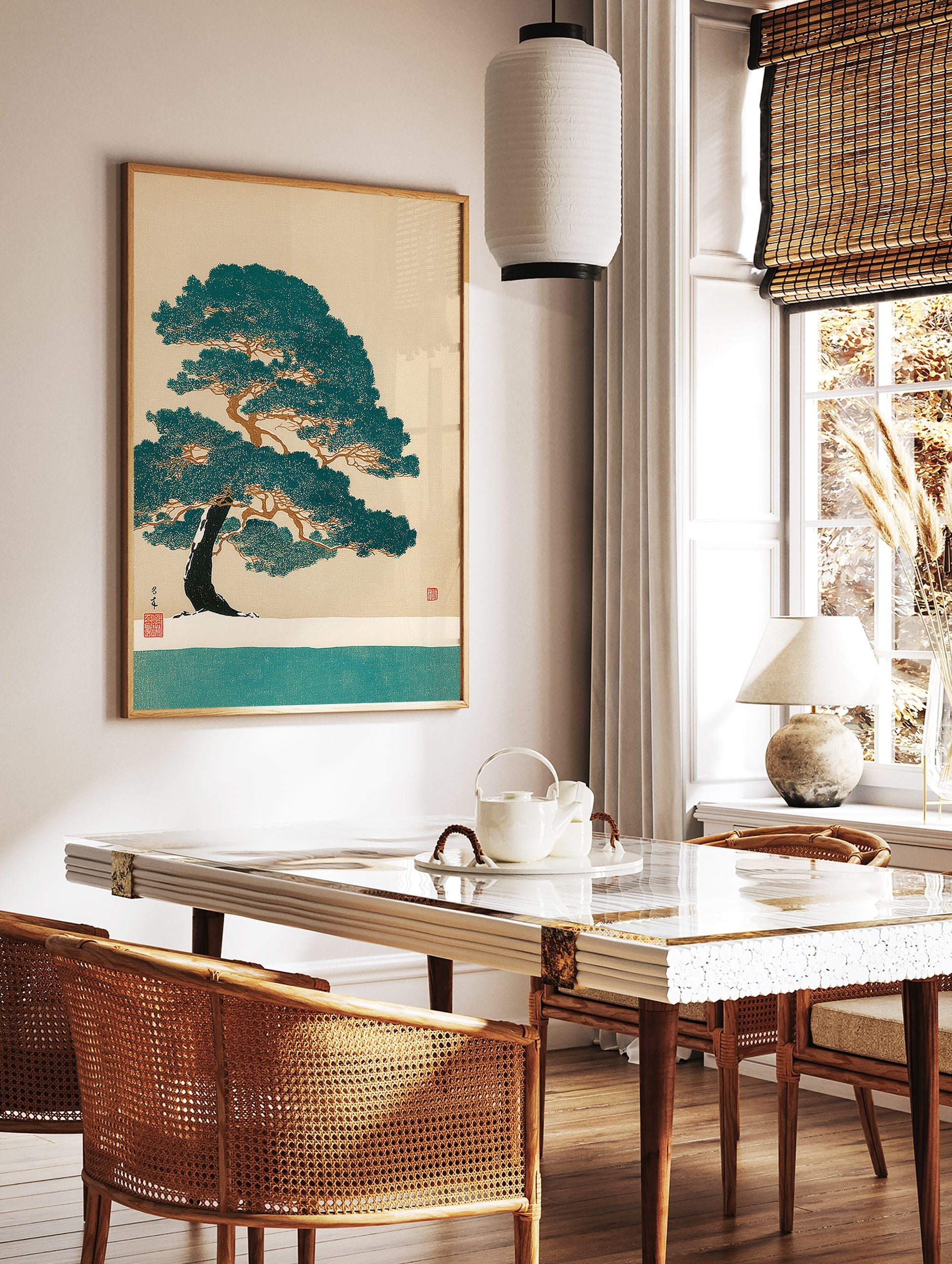 Japanese pine tree in Ukiyo-e style art print featuring a winter landscape with snow and a teal body of water. - Image 2