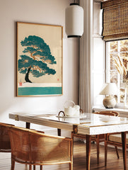 Japanese pine tree in Ukiyo-e style art print featuring a winter landscape with snow and a teal body of water. - Image 2