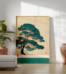 Japanese pine tree in Ukiyo-e style art print featuring a winter landscape with snow and a teal body of water. - Image 3