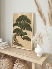 Japanese pine tree woodblock print with green foliage, gnarled brown trunk, and Kanji on, in an alternate framed mockup