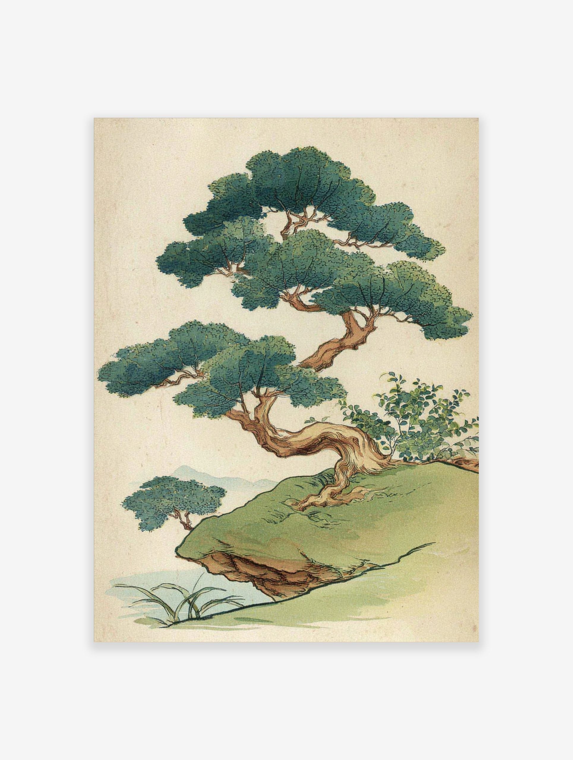 Stylised Japanese pine tree illustration on a grassy cliff with green foliage and brown trunk, distant mountains