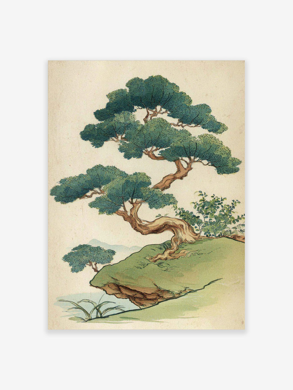 Stylised Japanese pine tree illustration on a grassy cliff with green foliage and brown trunk, distant mountains