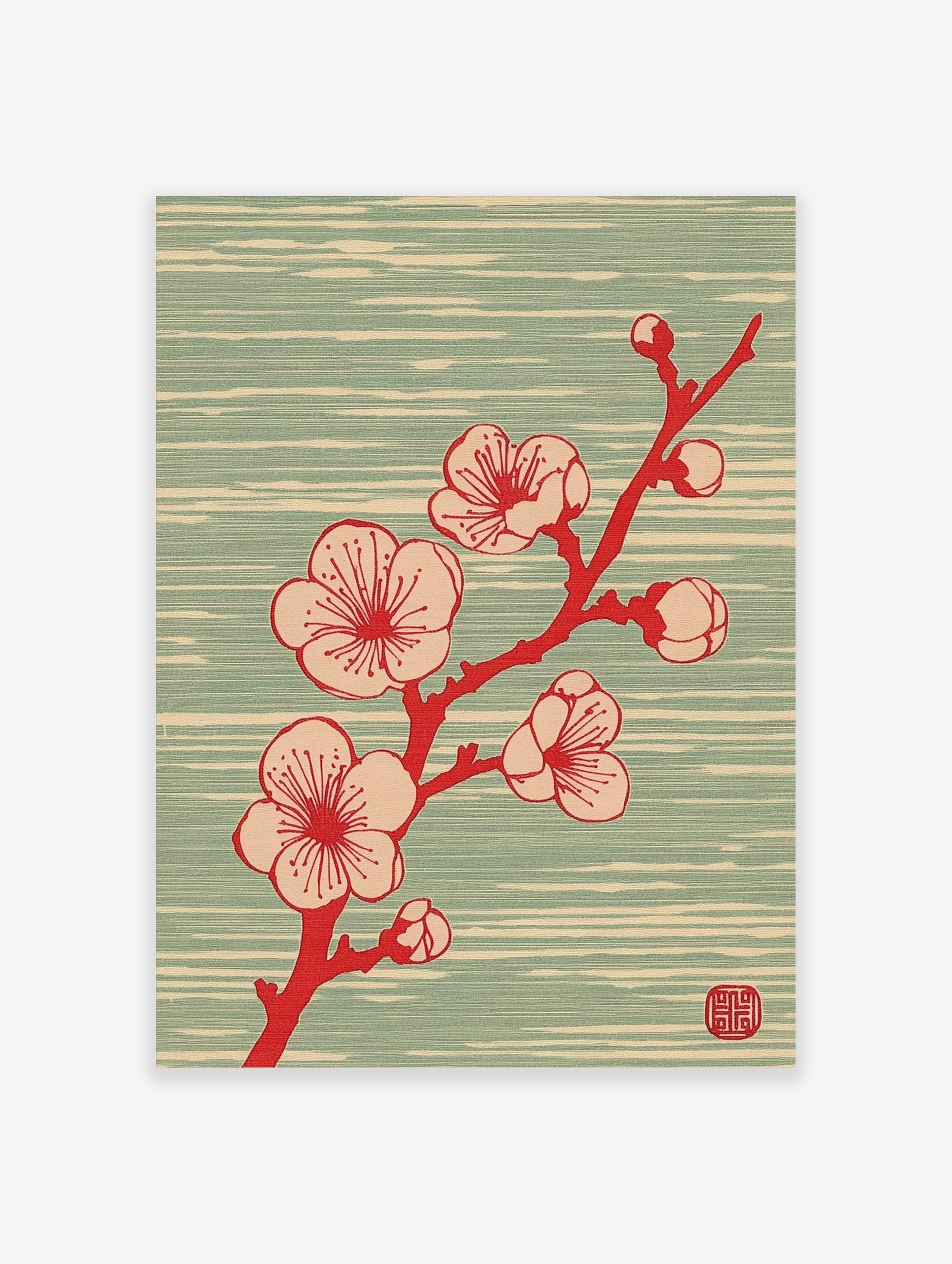 Japanese plum blossom branch with red and beige flowers on a pale teal textured background, illustrative style