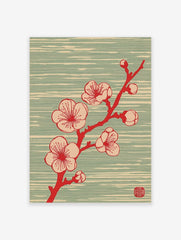 Japanese plum blossom branch with red and beige flowers on a pale teal textured background, illustrative style