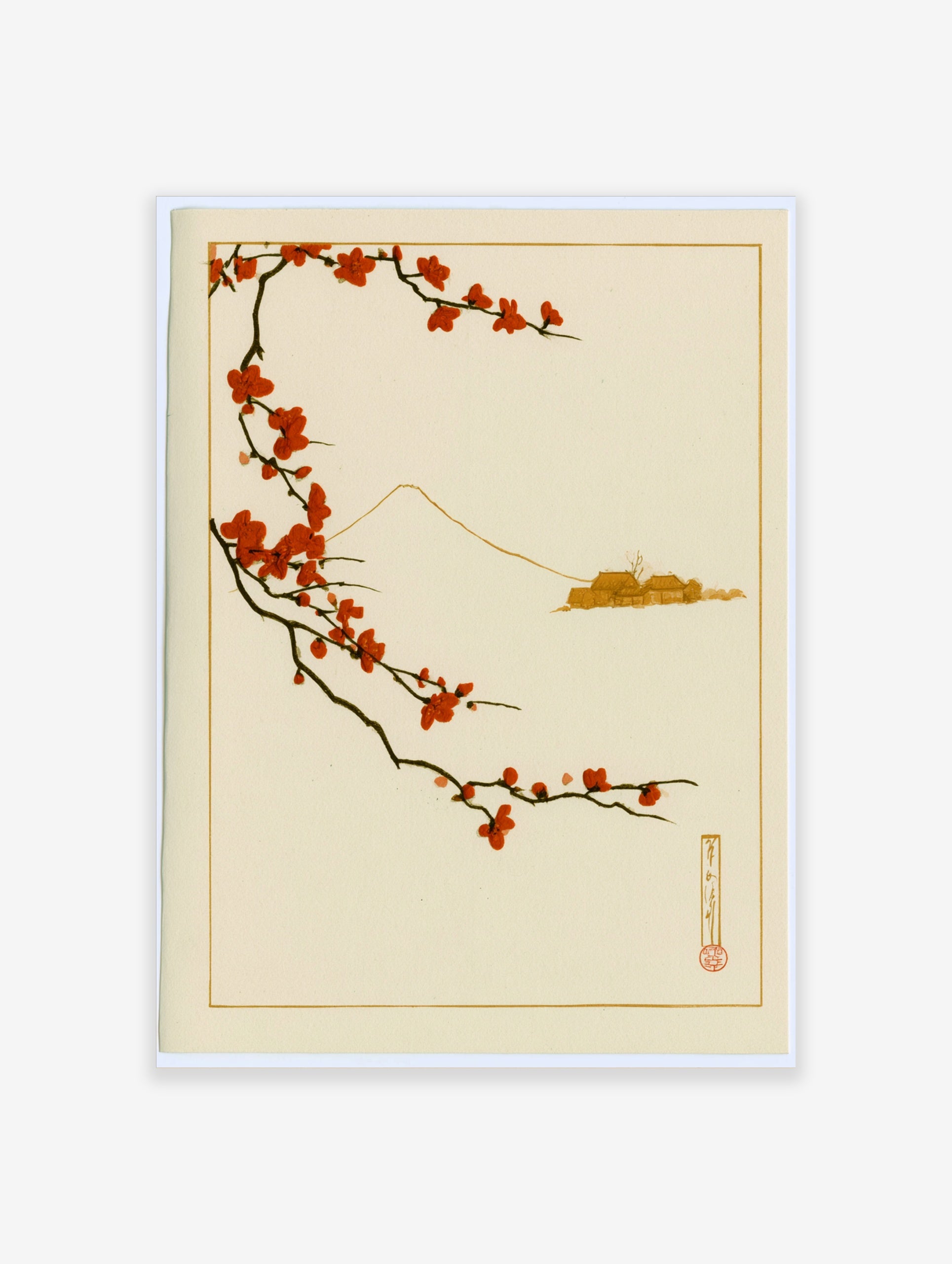 Japanese art print with red plum blossom branch and minimalist Mount Fuji outline on a neutral background