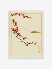 Japanese art print with red plum blossom branch and minimalist Mount Fuji outline on a neutral background