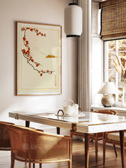Japanese art print with red plum blossom branch and minimalist Mount Fuji outline on a neutral, in a styled room mockup