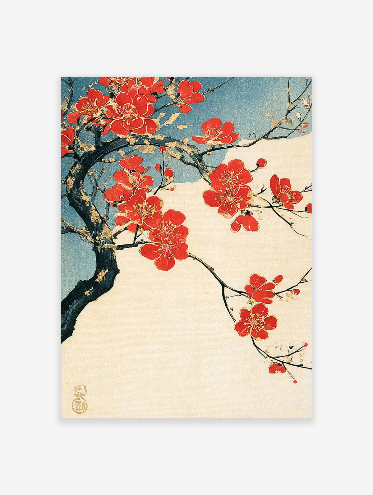 Japanese red plum blossom branch illustration with gold accents on a cream background with a blue circular motif