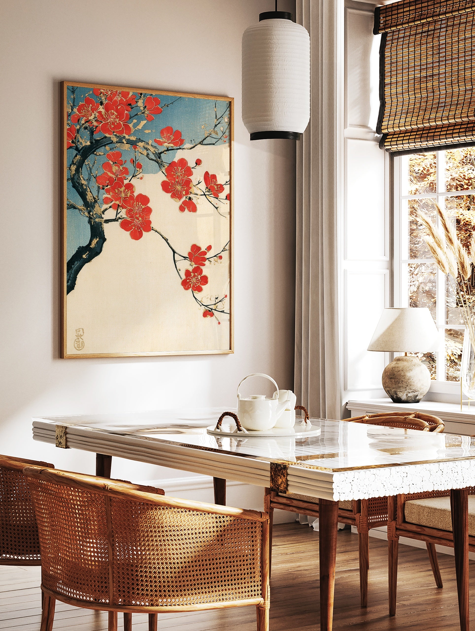 Japanese red plum blossom branch illustration with gold accents on a cream background with a blue, in a styled room mockup