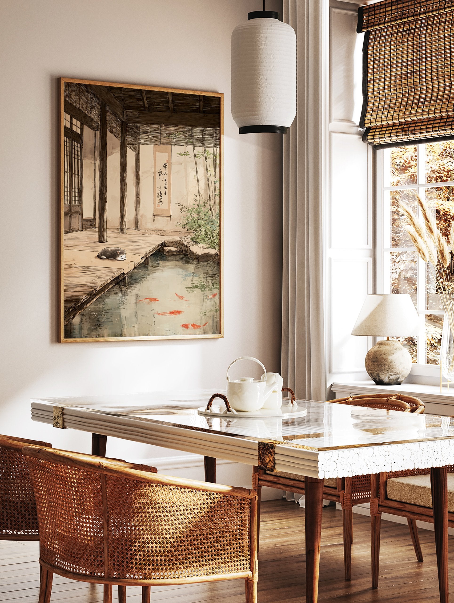 Japanese Pond Poster featuring a sleeping grey cat next to a koi fish pond with bamboo plants and traditional architecture. - Image 2