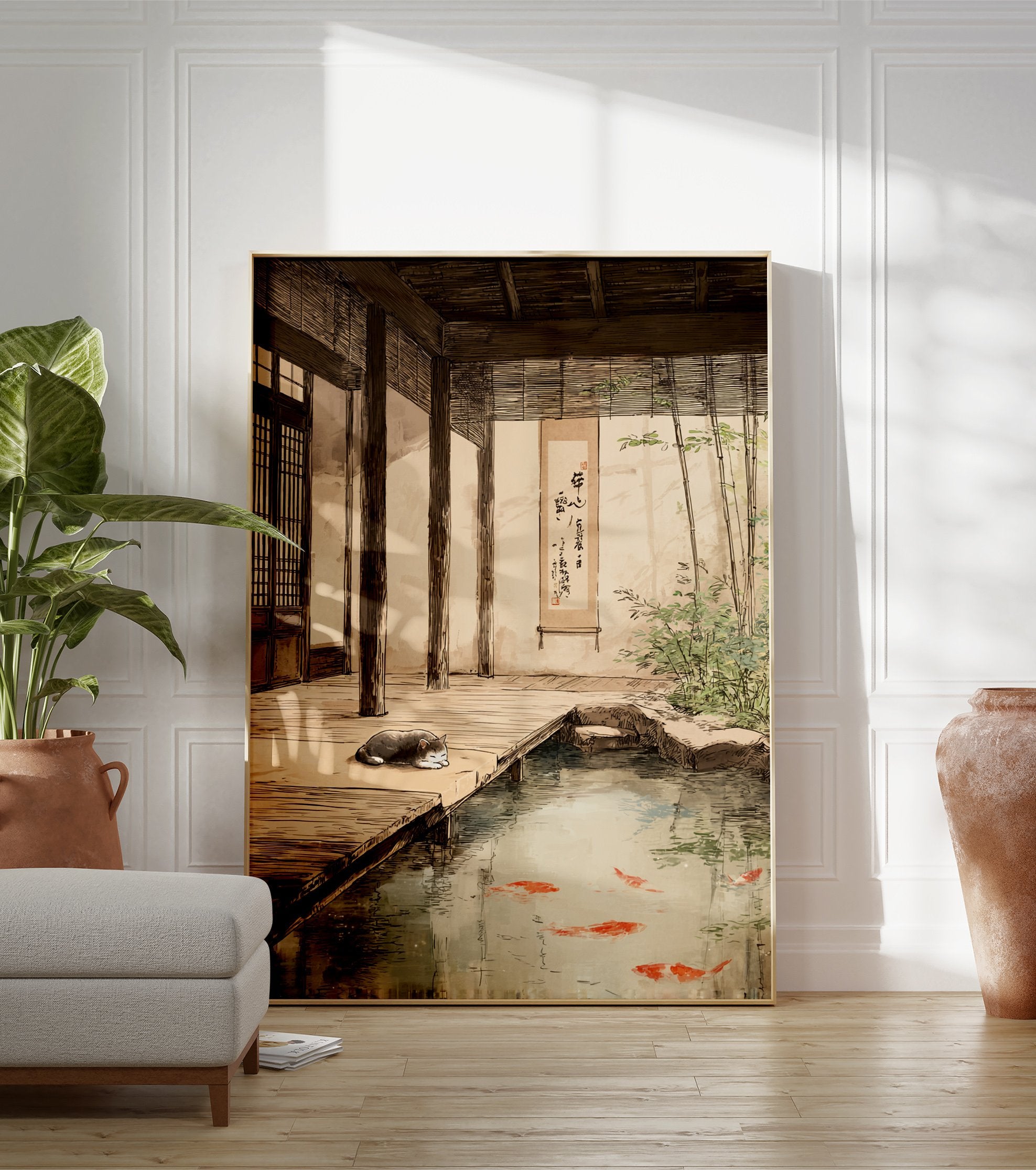 Japanese Pond Poster featuring a sleeping grey cat next to a koi fish pond with bamboo plants and traditional architecture. - Image 3