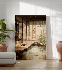 Japanese Pond Poster featuring a sleeping grey cat next to a koi fish pond with bamboo plants and traditional architecture. - Image 3