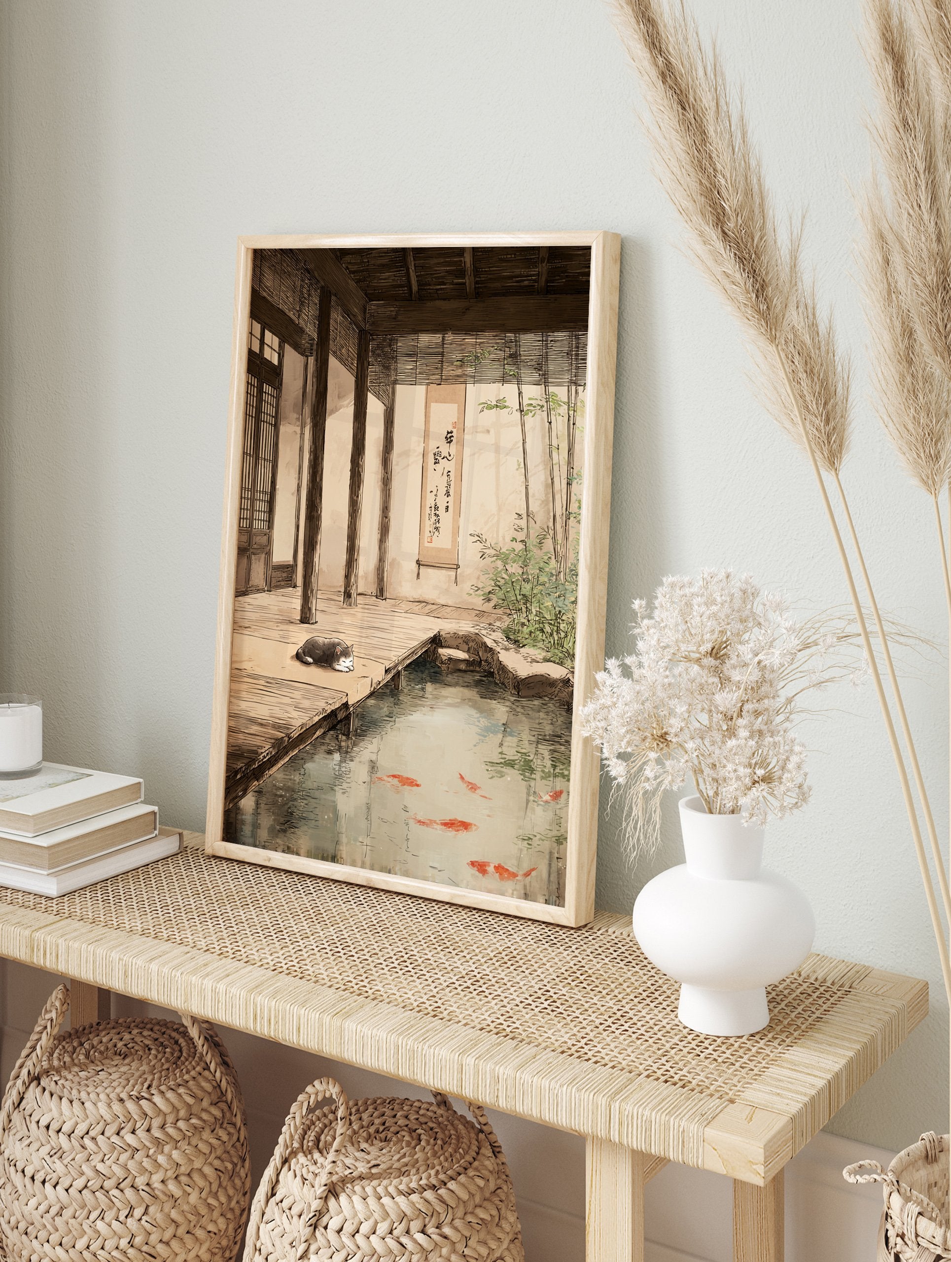 Japanese Pond Poster featuring a sleeping grey cat next to a koi fish pond with bamboo plants and traditional architecture. - Image 4