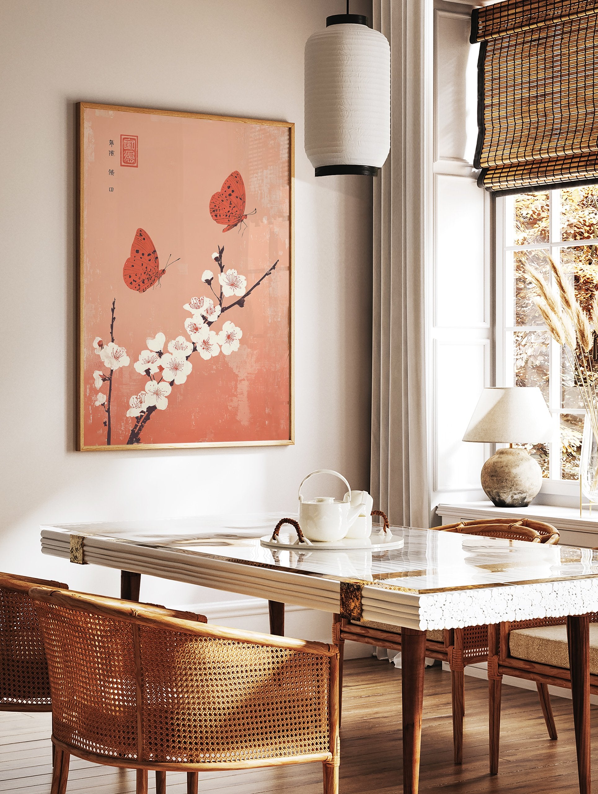 Japanese poster with two orange butterflies flying around white cherry blossoms on a textured peach-orange background. - Image 2