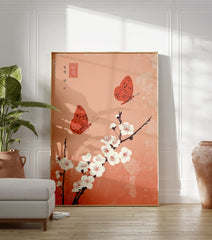 Japanese poster with two orange butterflies flying around white cherry blossoms on a textured peach-orange background. - Image 3