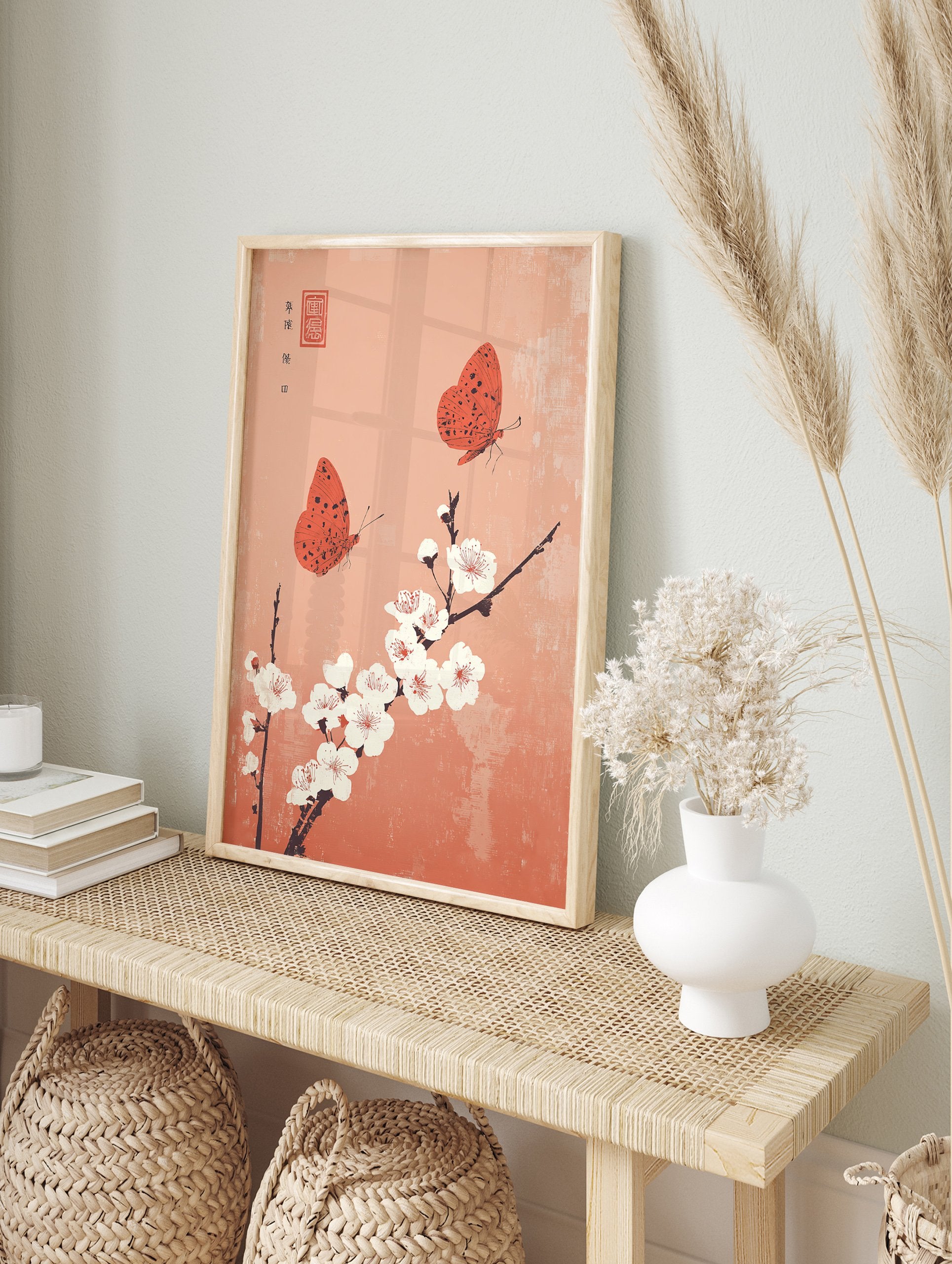 Japanese poster with two orange butterflies flying around white cherry blossoms on a textured peach-orange background. - Image 4