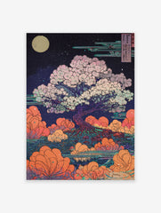 Japanese cherry blossom poster with a large pink flowering tree under a full moon and stylized clouds over water in Ukiyo-e style.