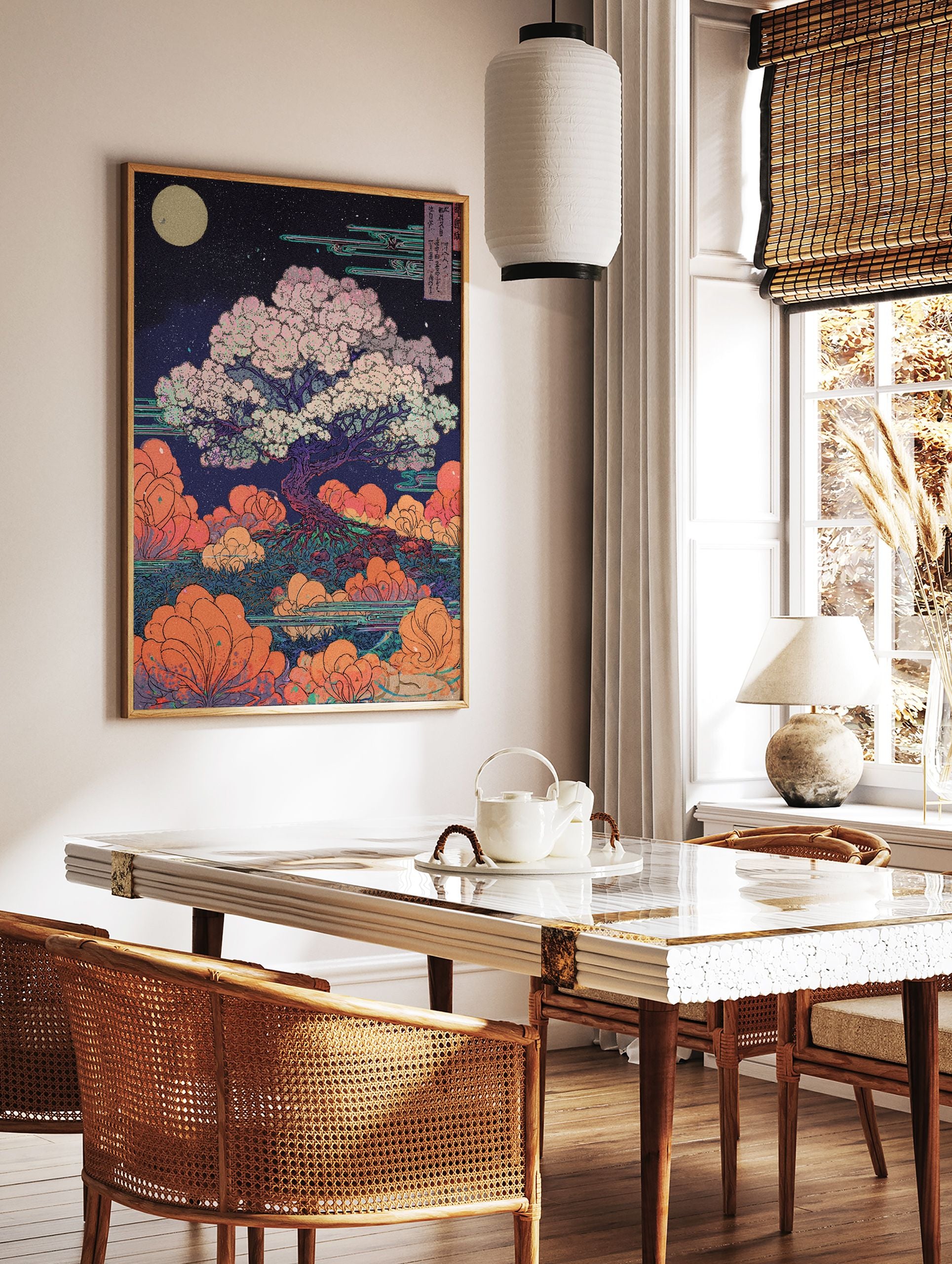 Japanese cherry blossom poster with a large pink flowering tree under a full moon and stylized clouds over water in Ukiyo-e style. - Image 2