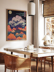 Japanese cherry blossom poster with a large pink flowering tree under a full moon and stylized clouds over water in Ukiyo-e style. - Image 2