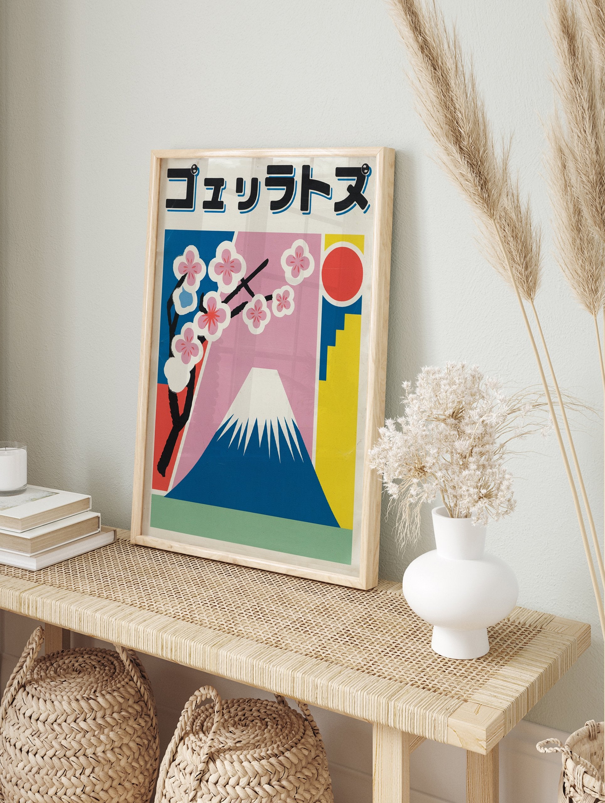 Japanese poster featuring Mount Fuji, pink cherry blossoms, a red sun, and abstract blue and yellow shapes against a pink and blue sky. - Image 4