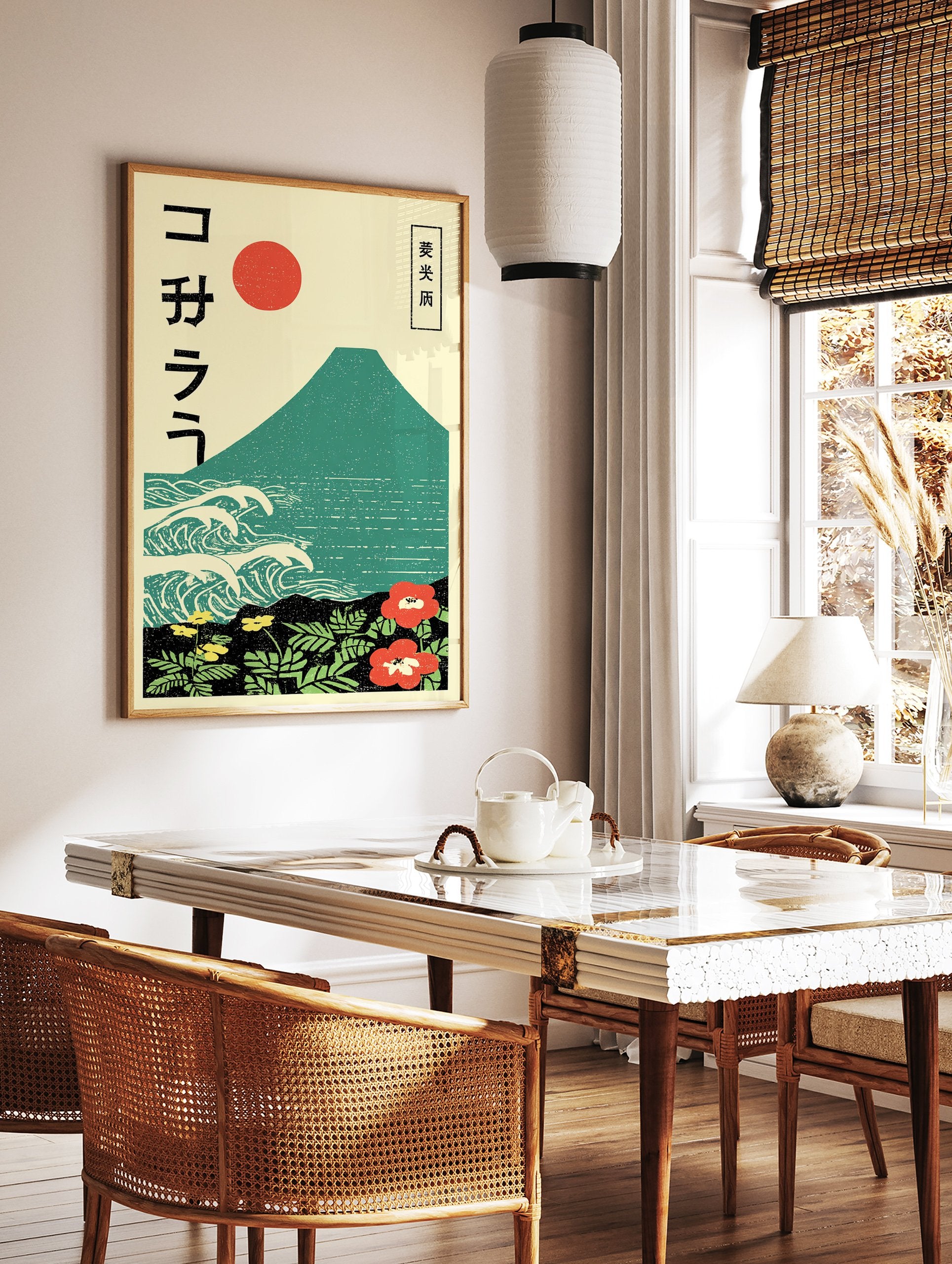 Japanese poster featuring Mount Fuji, ocean waves, a red sun, and vibrant red and yellow flowers with green foliage in Ukiyo-e style. - Image 2