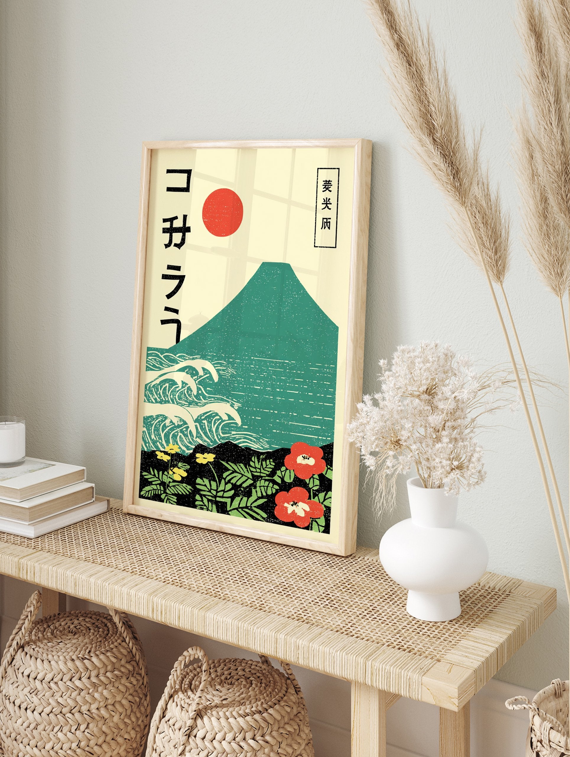Japanese poster featuring Mount Fuji, ocean waves, a red sun, and vibrant red and yellow flowers with green foliage in Ukiyo-e style. - Image 4