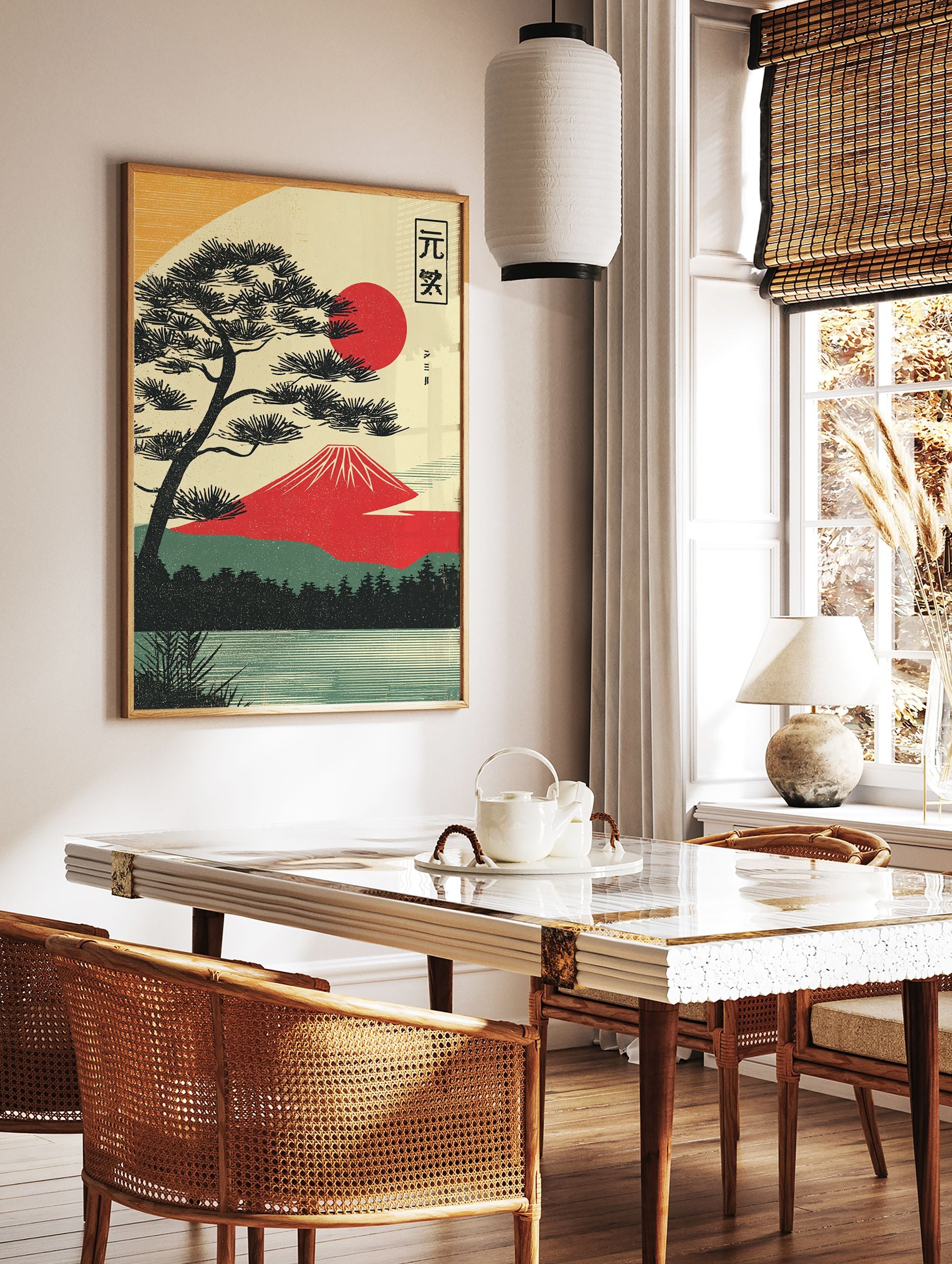 Japanese poster showing Mount Fuji, a large pine tree, a red sun, and a lake in a vintage Ukiyo-e art style. - Image 2