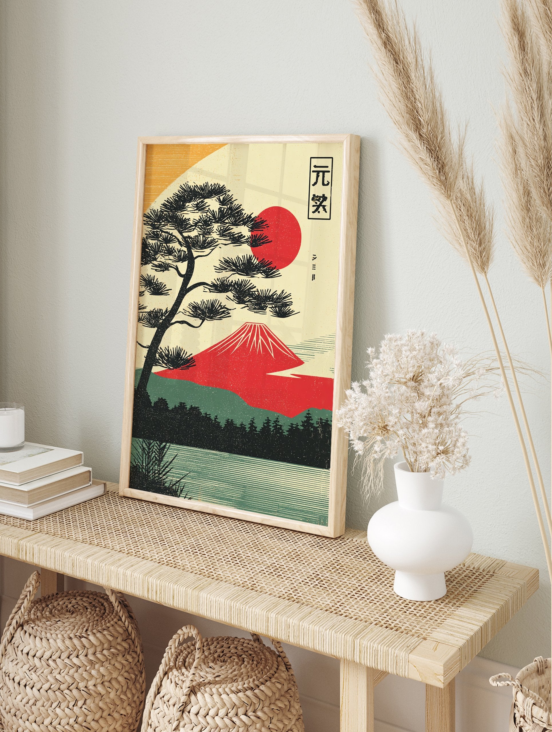 Japanese poster showing Mount Fuji, a large pine tree, a red sun, and a lake in a vintage Ukiyo-e art style. - Image 4