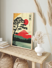 Japanese poster showing Mount Fuji, a large pine tree, a red sun, and a lake in a vintage Ukiyo-e art style. - Image 4