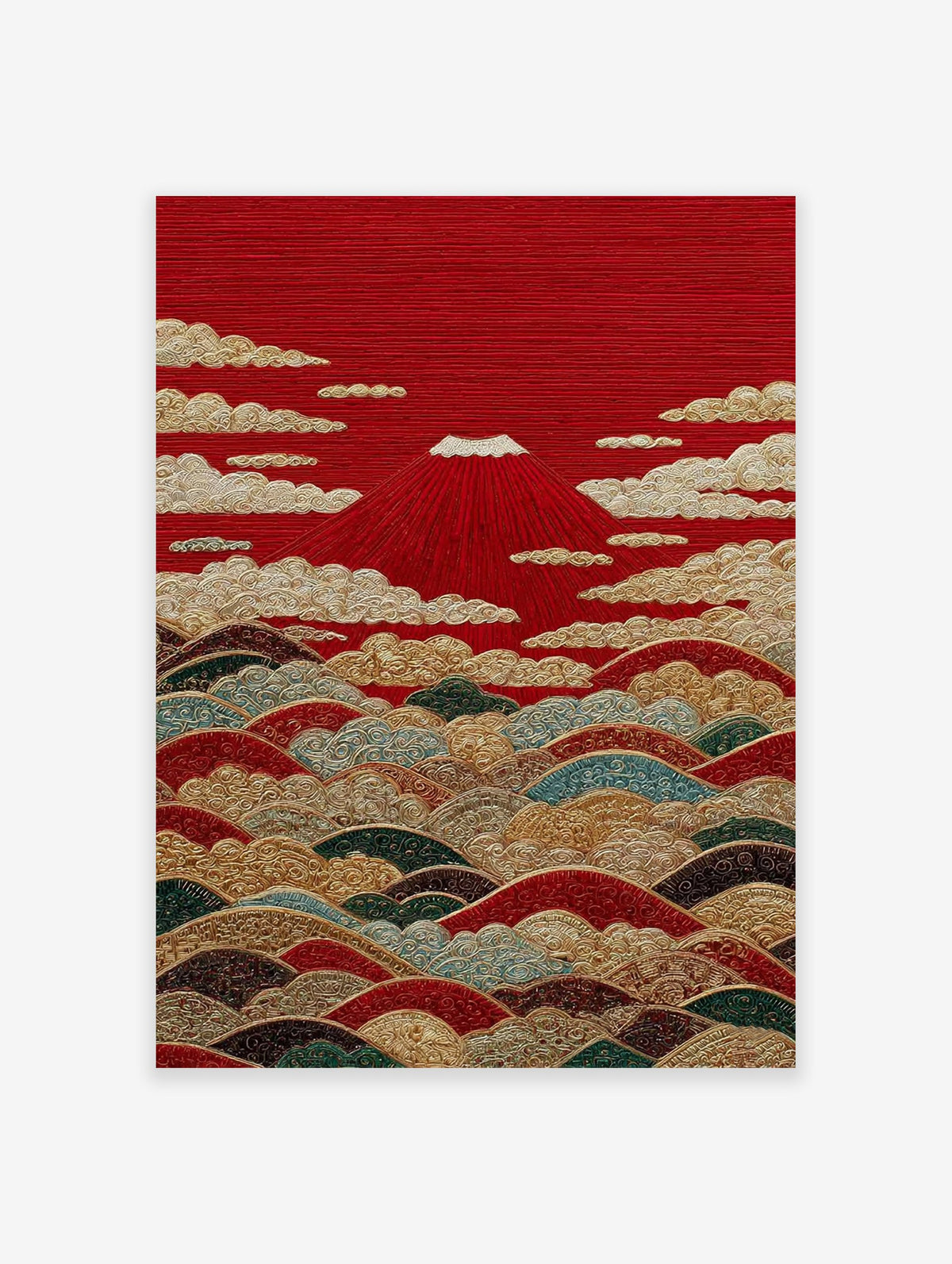 Japanese poster of Mount Fuji in red with gold clouds and colorful stylized waves, depicting a traditional landscape scene.