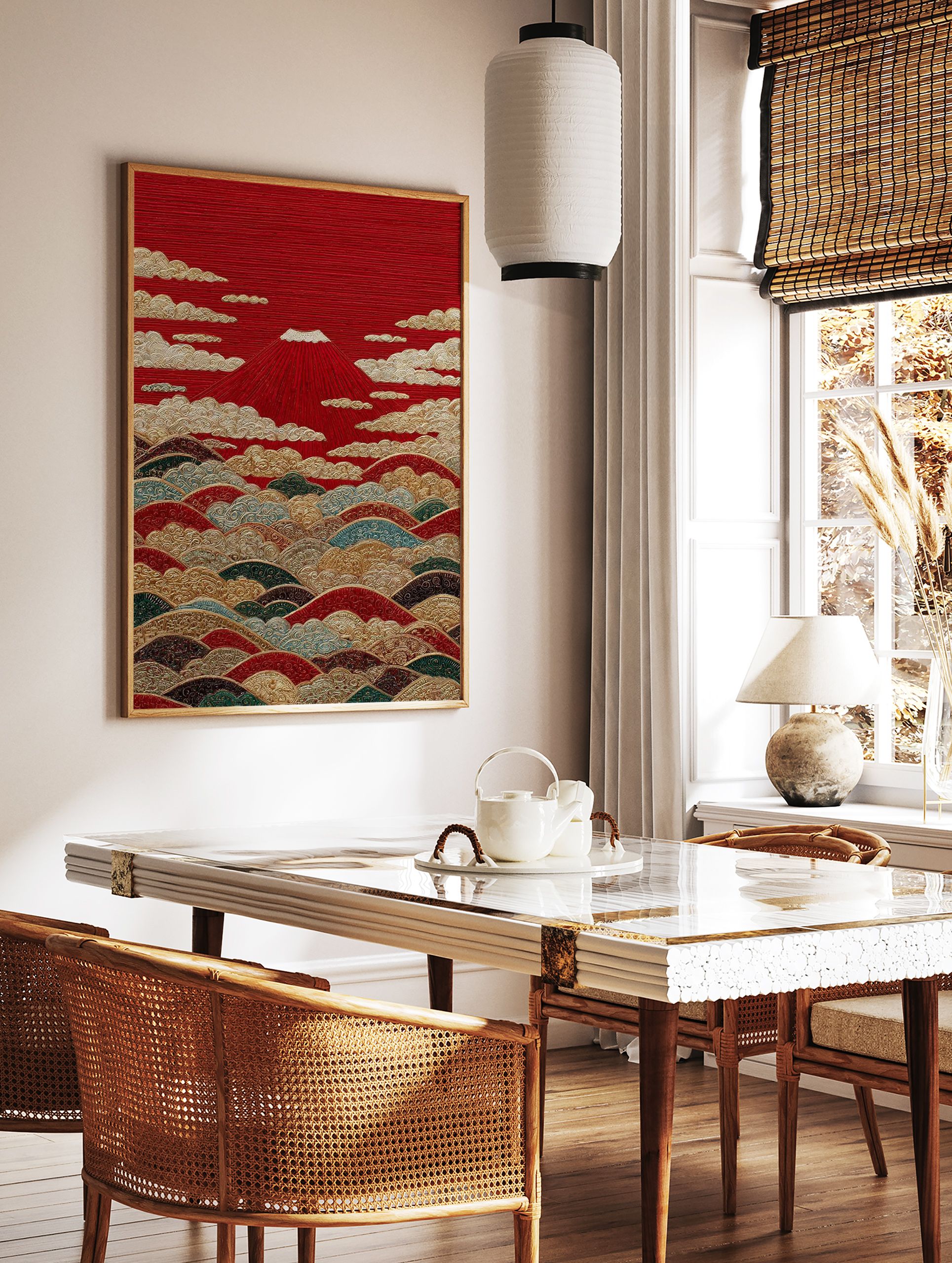 Japanese poster of Mount Fuji in red with gold clouds and colorful stylized waves, depicting a traditional landscape scene. - Image 2
