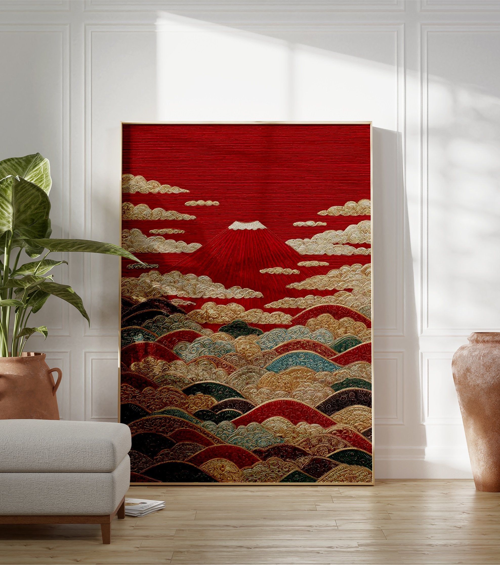 Japanese poster of Mount Fuji in red with gold clouds and colorful stylized waves, depicting a traditional landscape scene. - Image 3