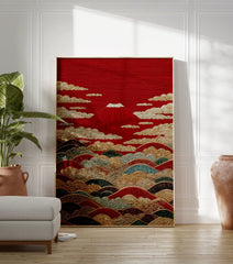 Japanese poster of Mount Fuji in red with gold clouds and colorful stylized waves, depicting a traditional landscape scene. - Image 3