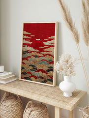 Japanese poster of Mount Fuji in red with gold clouds and colorful stylized waves, depicting a traditional landscape scene. - Image 4
