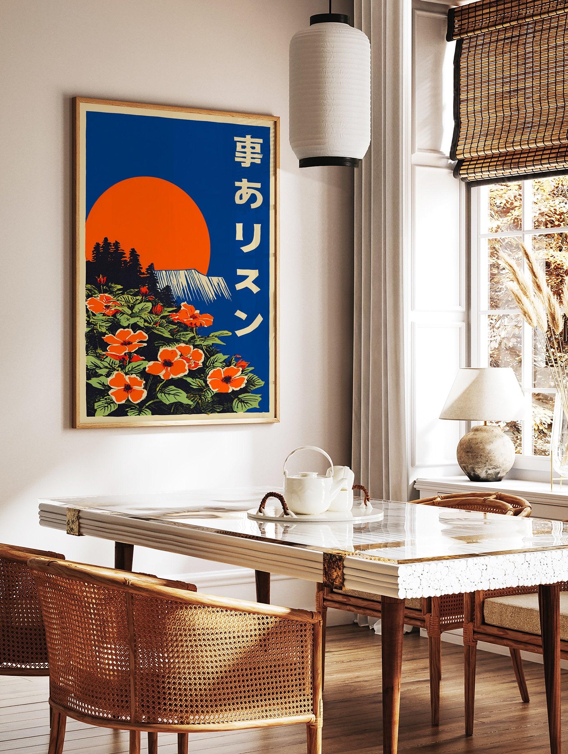 Japanese poster with orange flowers, green leaves, blue sky, orange sun, and a waterfall in an illustrative style. - Image 2