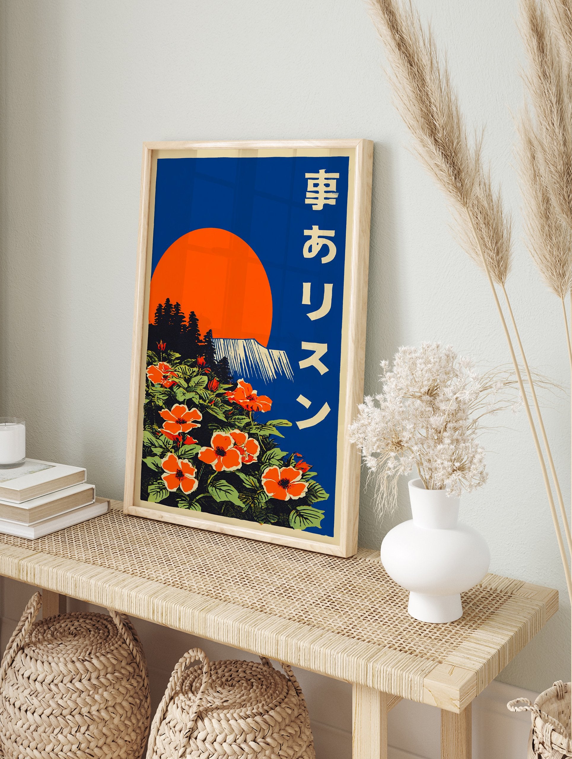 Japanese poster with orange flowers, green leaves, blue sky, orange sun, and a waterfall in an illustrative style. - Image 4